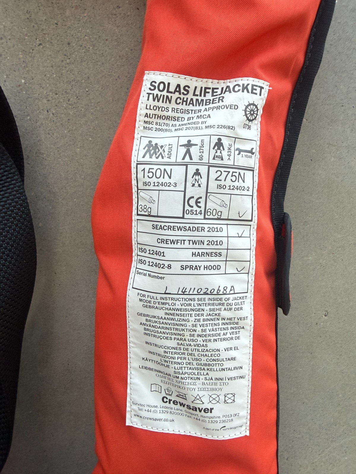 Crewsaver 275N Inflatable Lifejacket — Adult 43kg+ — photo 3 of 5